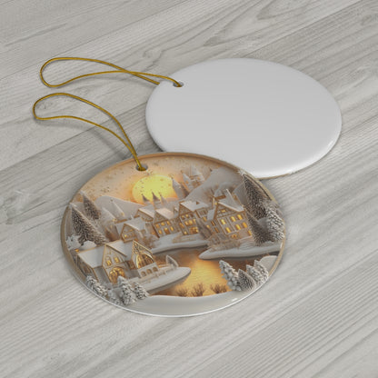 Golden Glow Ceramic Christmas Village Ornament – Handcrafted Winter Scene Decoration with LED Light | Elegant Holiday Home Decor