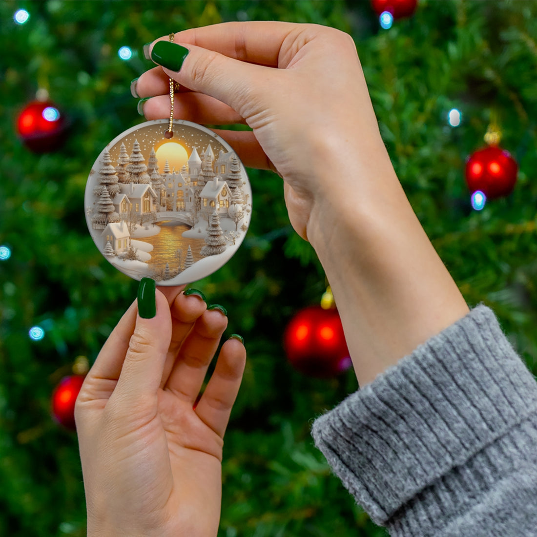Golden Sunset Ceramic Christmas Village Ornament – Handcrafted White &amp; Gold Winter Scene | Elegant Holiday Home Décor