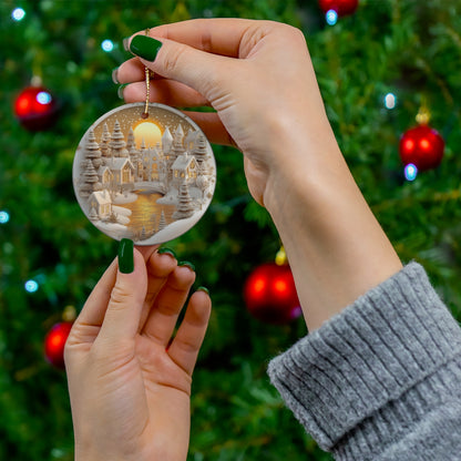 Golden Sunset Ceramic Christmas Village Ornament – Handcrafted White &amp; Gold Winter Scene | Elegant Holiday Home Décor