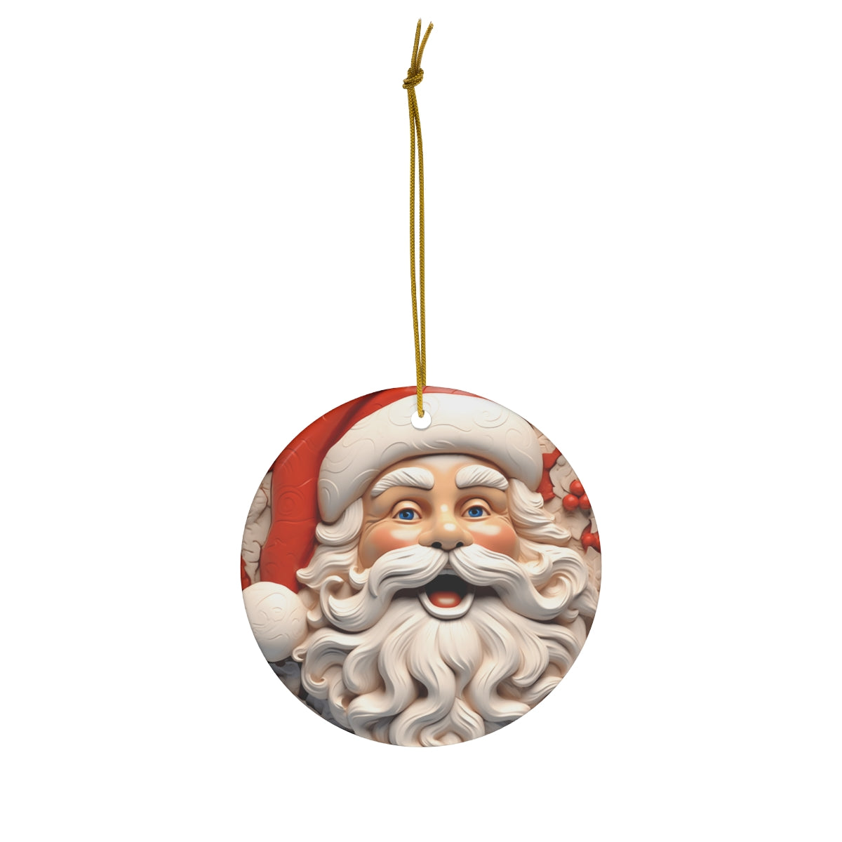 Santa Series - 3D Relief Santa Face &amp; Holly Ceramic Christmas Ornament