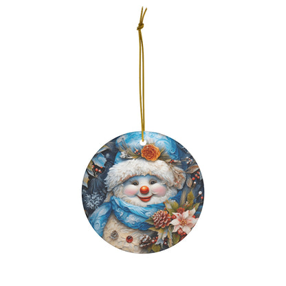 Snowman Series - Luxurious Blue Snowman & Winter Bouquet Ceramic Ornament