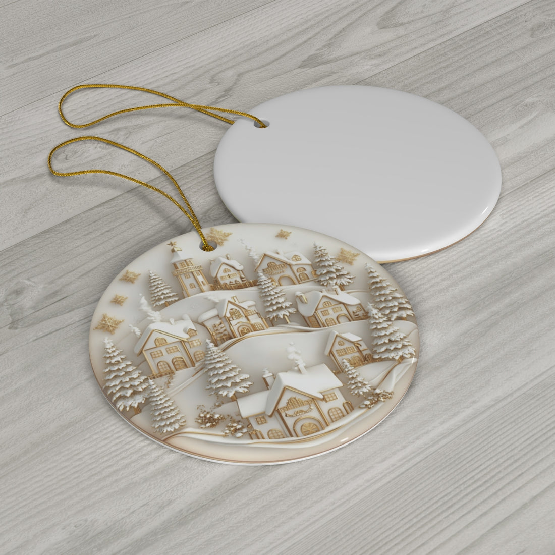 Golden Winter Ceramic Village Ornament – Handcrafted White &amp; Gold Christmas Decoration | Elegant Holiday Home Decor