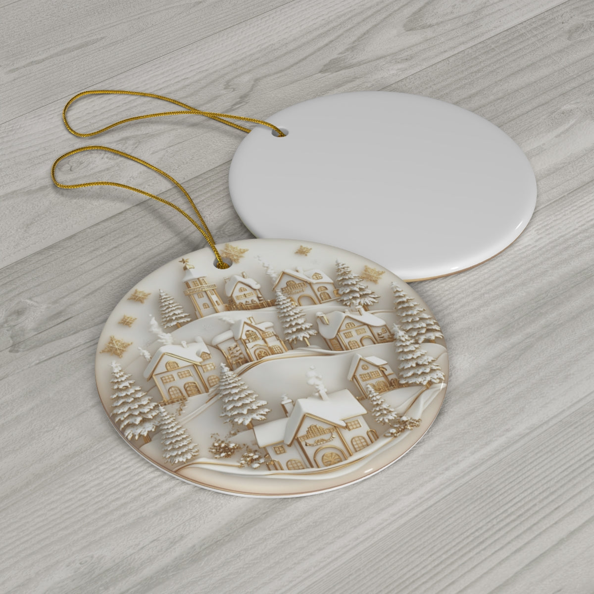 Golden Winter Ceramic Village Ornament – Handcrafted White &amp; Gold Christmas Decoration | Elegant Holiday Home Decor
