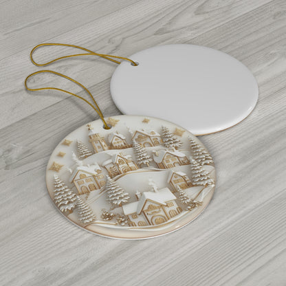Golden Winter Ceramic Village Ornament – Handcrafted White &amp; Gold Christmas Decoration | Elegant Holiday Home Decor