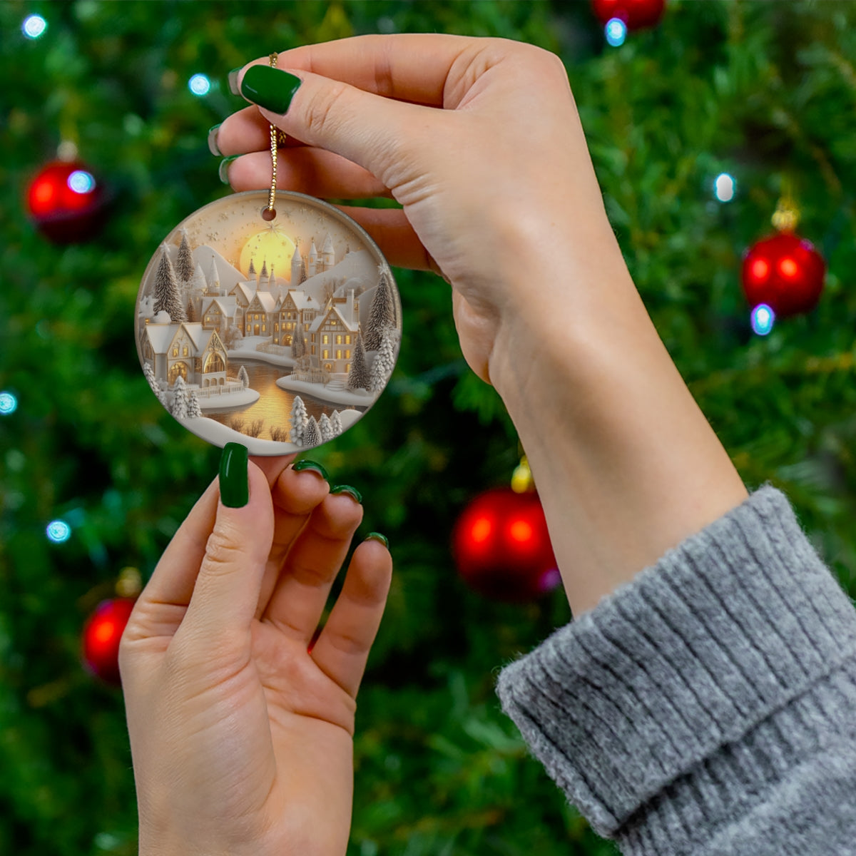 Golden Glow Ceramic Christmas Village Ornament – Handcrafted Winter Scene Decoration with LED Light | Elegant Holiday Home Decor