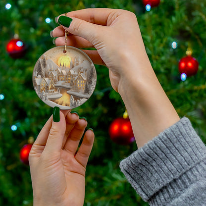 Golden Glow Ceramic Christmas Village Ornament – Handcrafted Winter Scene Decoration with LED Light | Elegant Holiday Home Decor