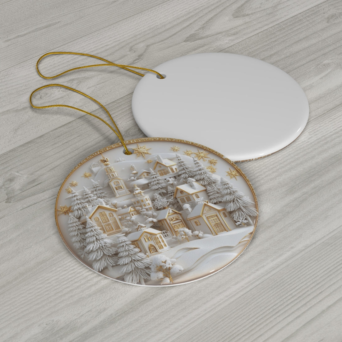 Elegant Ceramic Christmas Village Ornament – Handcrafted White &amp; Gold Christmas Decoration | Winter Holiday Home Decor