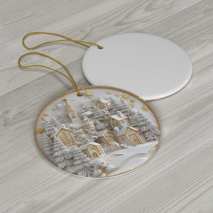 Elegant Ceramic Christmas Village Ornament – Handcrafted White &amp; Gold Christmas Decoration | Winter Holiday Home Decor