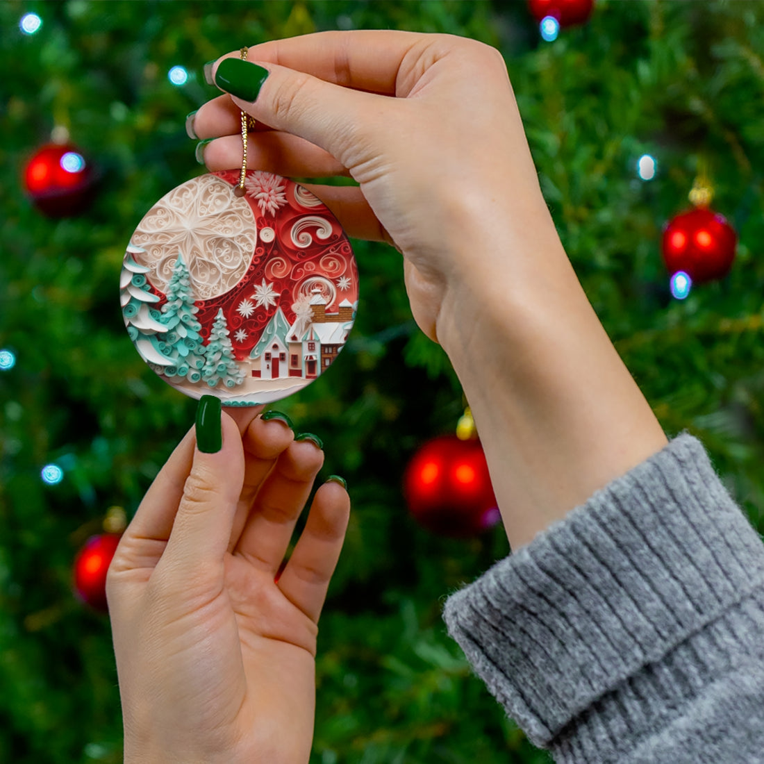 Quilling Art Ceramic Ornament - Red Moon Winter Village