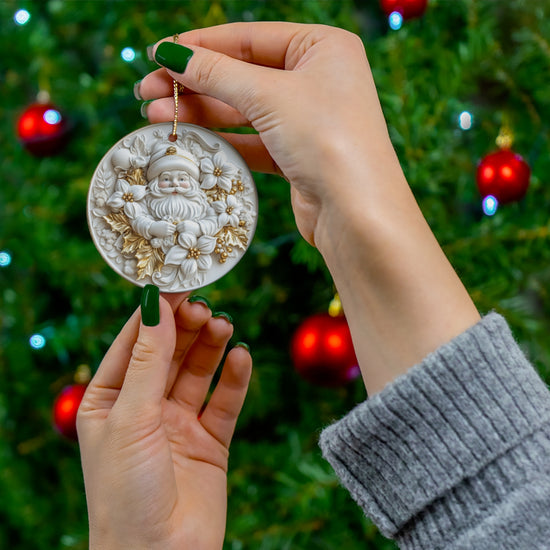 White & Gold Santa Ceramic Ornament – Round Relief Christmas Tree Decoration, Elegant Keepsake Gift
