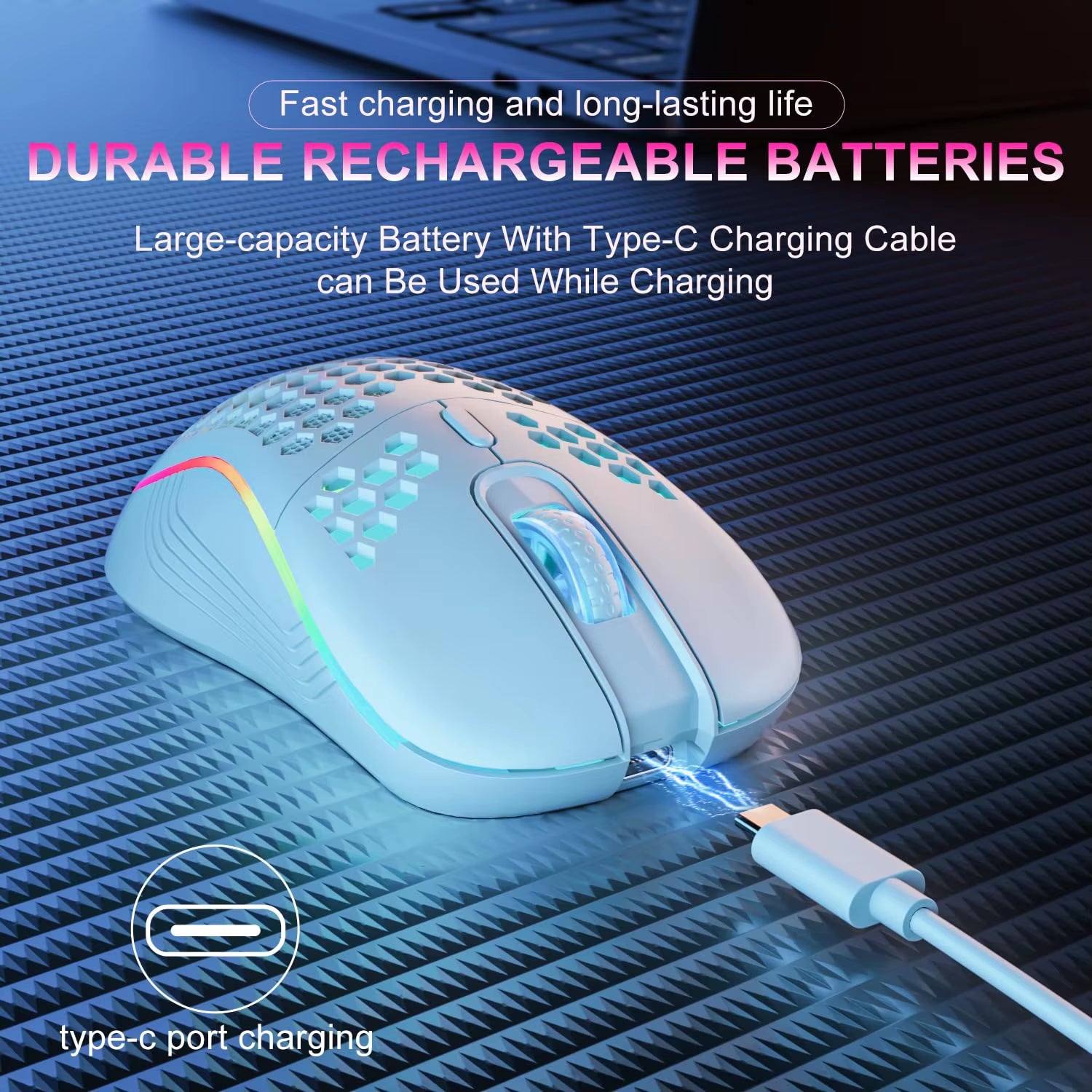 RGB Wireless Gaming Mouse - Ergonomic Honeycomb Design, 6 Buttons, 3-Speed DPI, Type C Rechargeable