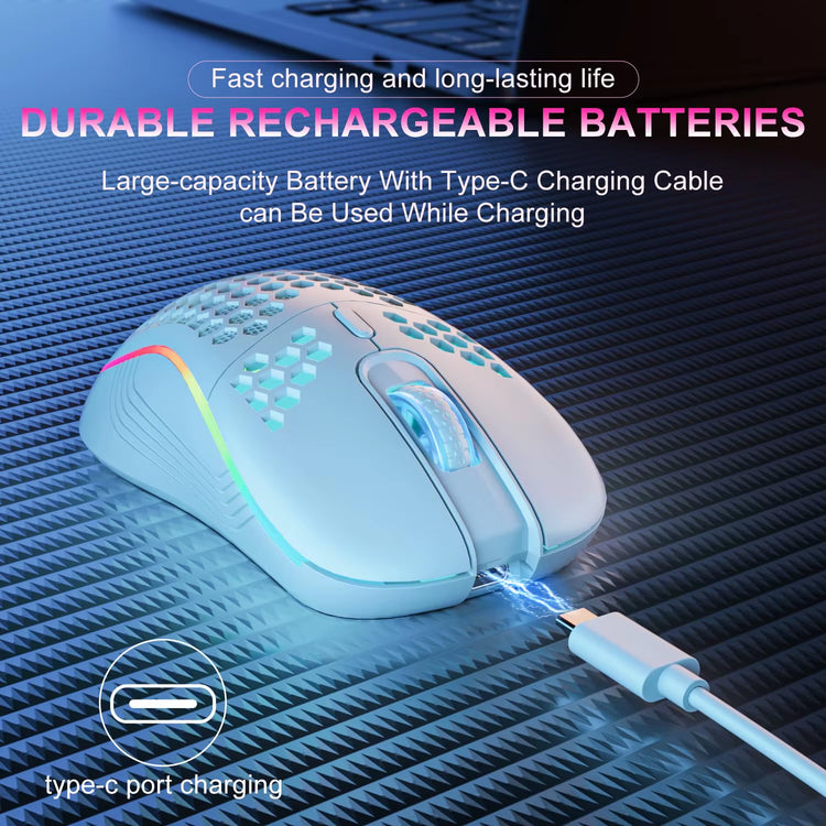 RGB Wireless Gaming Mouse - Ergonomic Honeycomb Design, 6 Buttons, 3-Speed DPI, Type C Rechargeable