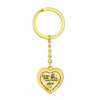 To My Son Heart Keychain Gift from Dad, Old Lion Always Has Your Back Personalized Keepsake