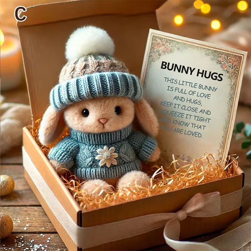 Mini Bunny Hug Cute Easter Gift Plush Bunny with Knitted Hat and Pom Pom Soft Pocket Emotional Support Rabbit with Gift Box Card