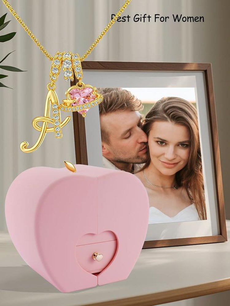 Apple Shape Rose Jewelry Gift Box with Initial Letter Heart Necklace for Women, Valentine&