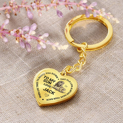 To My Son Heart Keychain Gift from Dad, Old Lion Always Has Your Back Personalized Keepsake