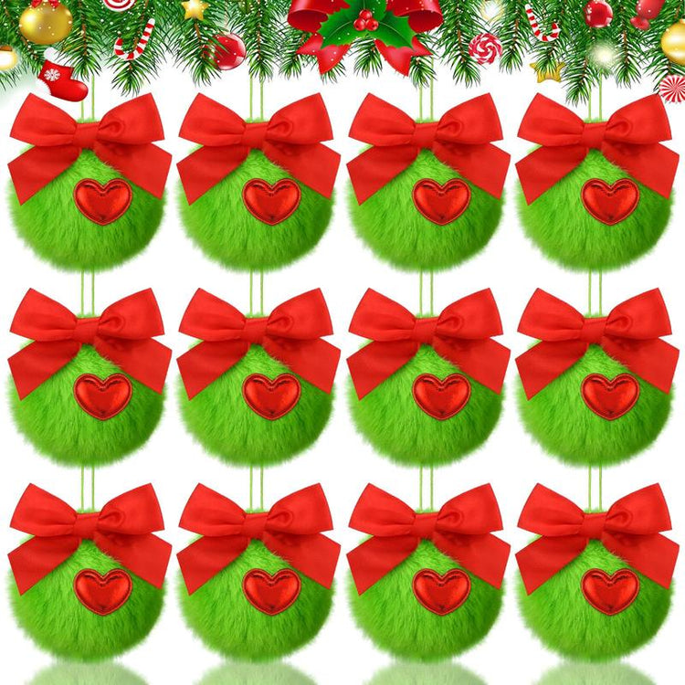Christmas Ball Ornaments Set for Xmas Tree, Green Christmas Monster Decorations, Shatterproof Glittering Hanging Xmas Balls, Funny Lime Green Furry Christmas Decor, Cute Hanging Ornament with Red Bow, Holiday Party Home Wall Decor, Christmas Gifts