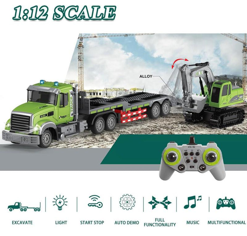 RC Semi Truck & Excavator Toy Set,1:12 RC Semi-Trailer Truck with Sound and Lights,2.4Ghz Remote Control Flatbed Truck with Green Excavator Toys Remoto