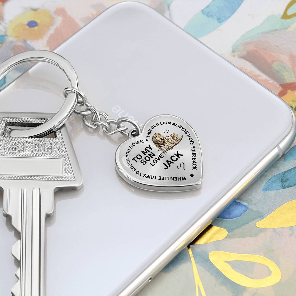 To My Son Heart Keychain Gift from Dad, Old Lion Always Has Your Back Personalized Keepsake