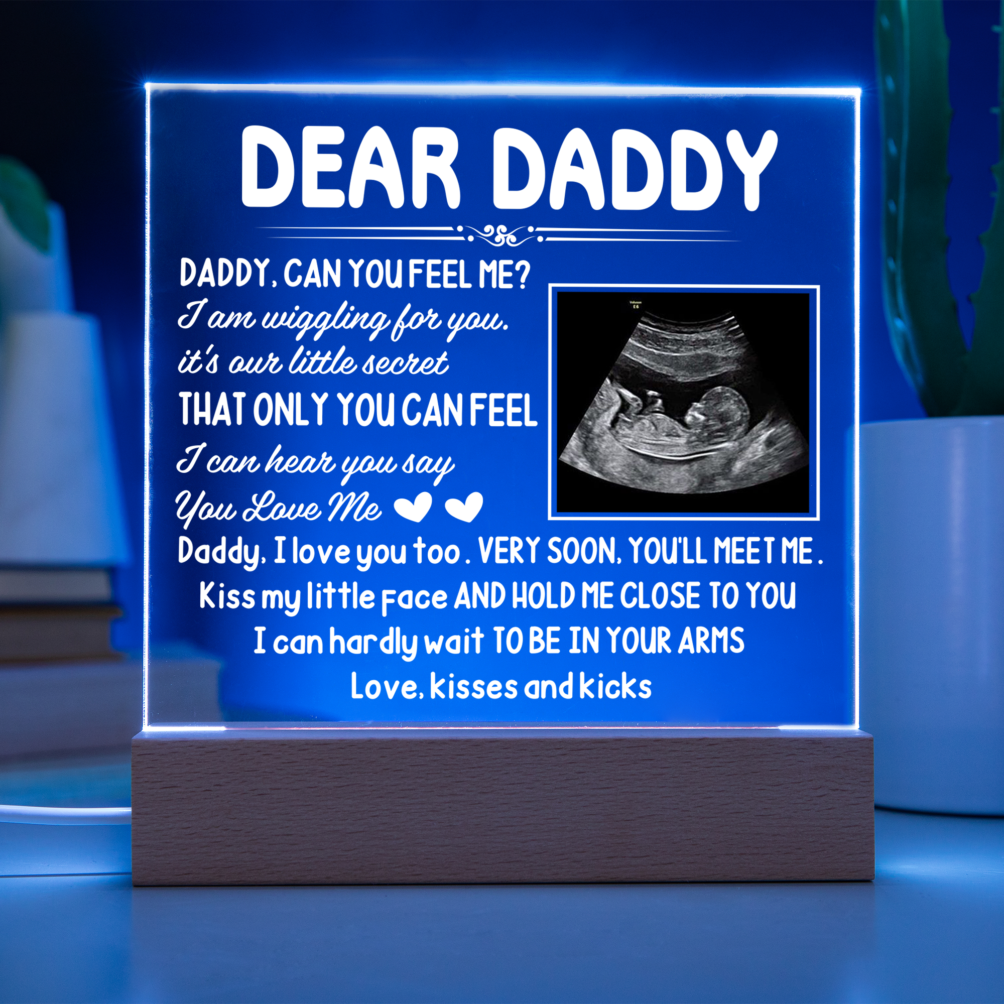 Dear Daddy LED Acrylic Plaque – Pregnancy Announcement Night Light with Ultrasound Photo &amp; Heartfelt Message from Bump