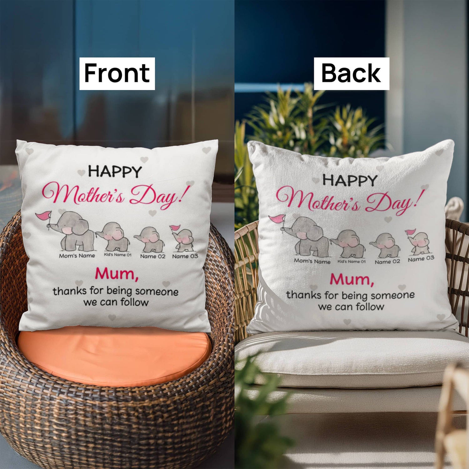 Personalized Mother’s Day Elephant Pillow – Custom Mom and Kids Name Pillow, Happy Mother’s Day Gift for Mom, Cute Mom Throw Pillow