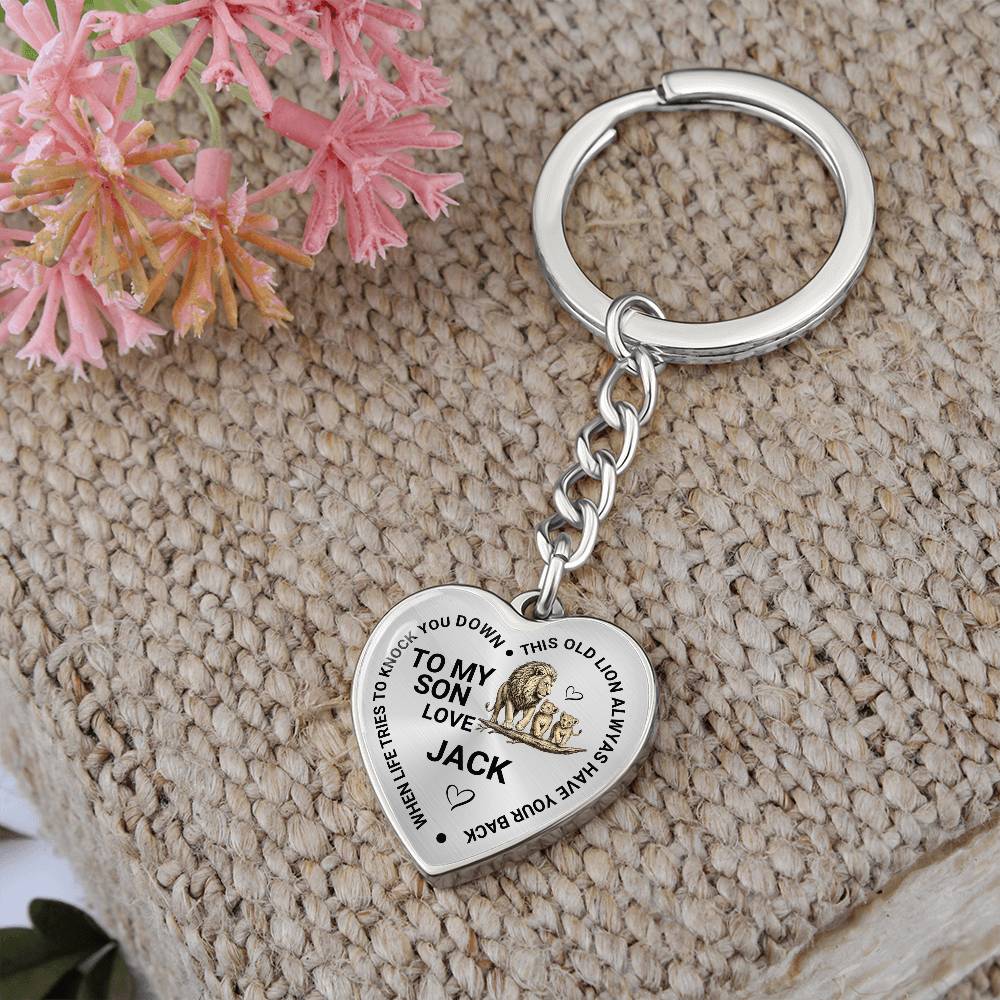 To My Son Heart Keychain Gift from Dad, Old Lion Always Has Your Back Personalized Keepsake