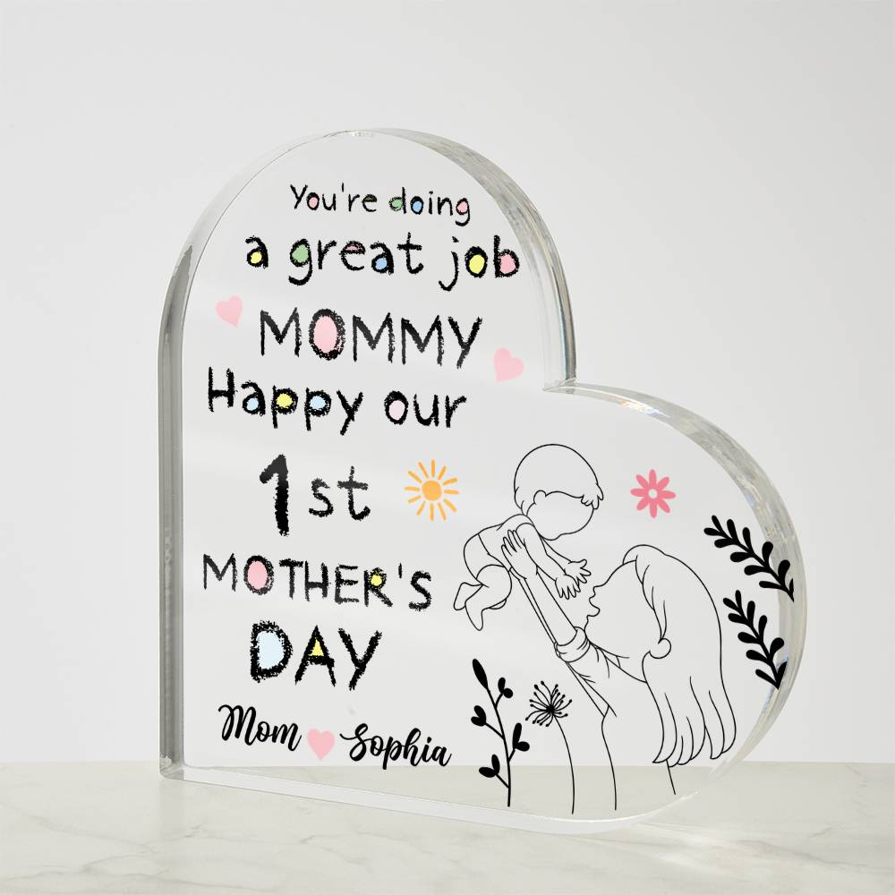 1st Mother’s Day Personalized Acrylic Plaque – First Mother’s Day Gift for Mommy, Custom Mom &amp; Baby Name Keepsake, New Mom Heart Plaque