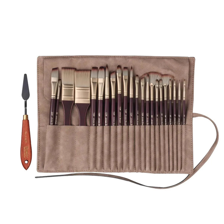 Acrylic Paint Brushes Oil Paint Brushes Artist Paint Brushes Set Bag Pack with Scraper 25 Pcs Gouache Wooden Handle Brushes