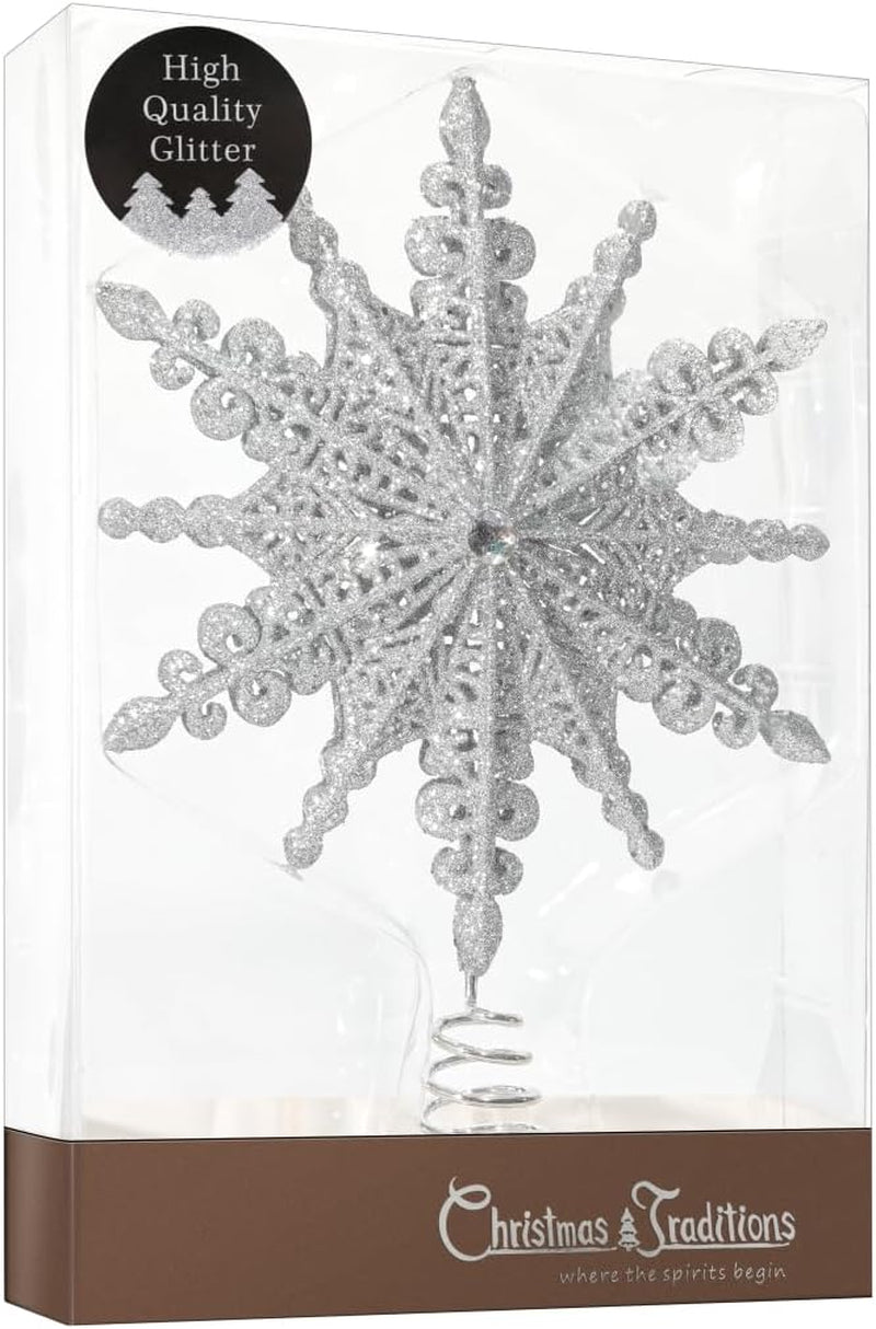 Christmas Traditions 8 Inch Silver Glittered Filigree Christmas Star Tree Topper Star/Home Décor Ornaments (Silver)