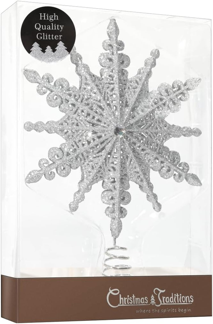 Christmas Traditions 8 Inch Silver Glittered Filigree Christmas Star Tree Topper Star/Home Décor Ornaments (Silver)