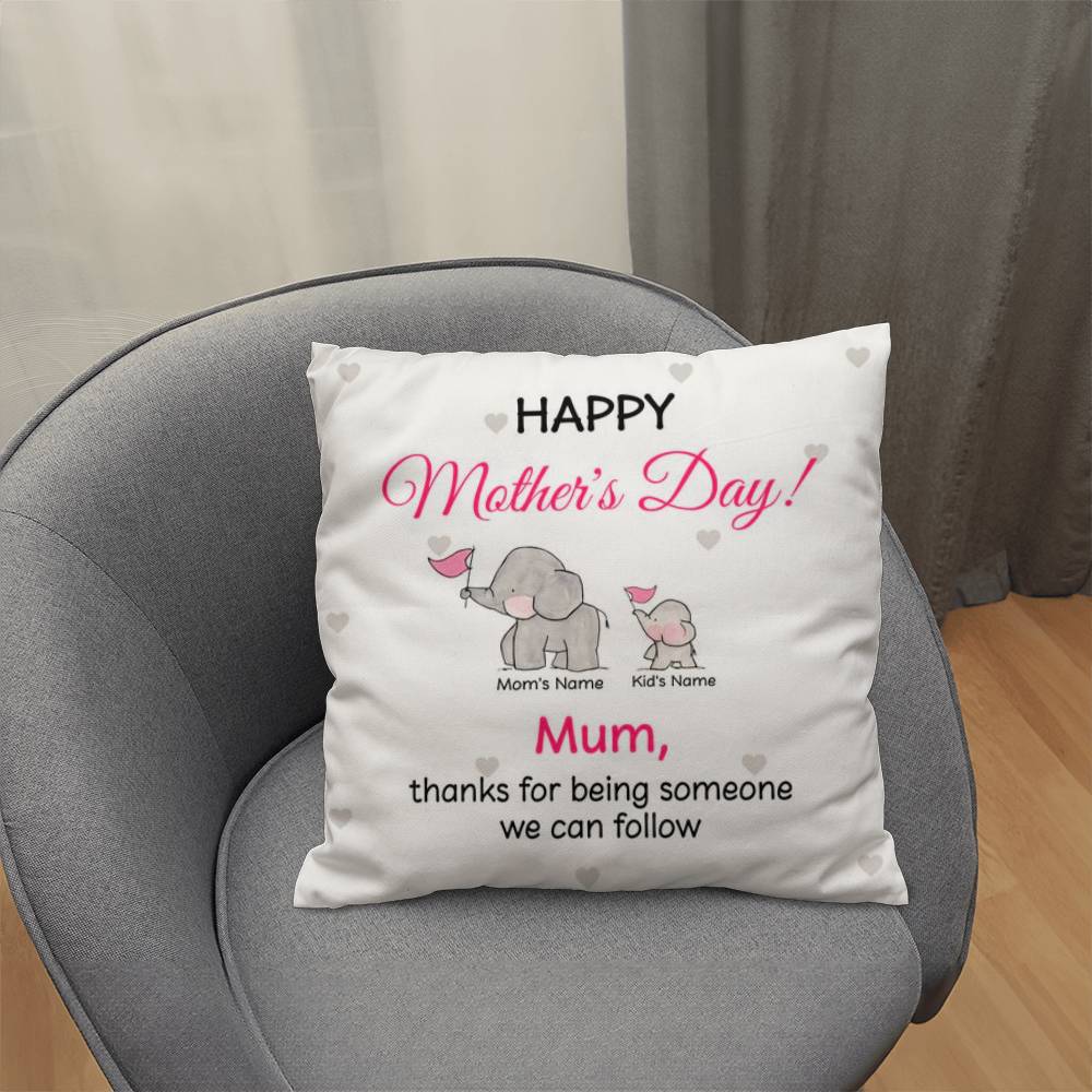 Personalized Mother’s Day Elephant Pillow – Custom Mom and Kids Name Pillow, Happy Mother’s Day Gift for Mom, Cute Mom Throw Pillow