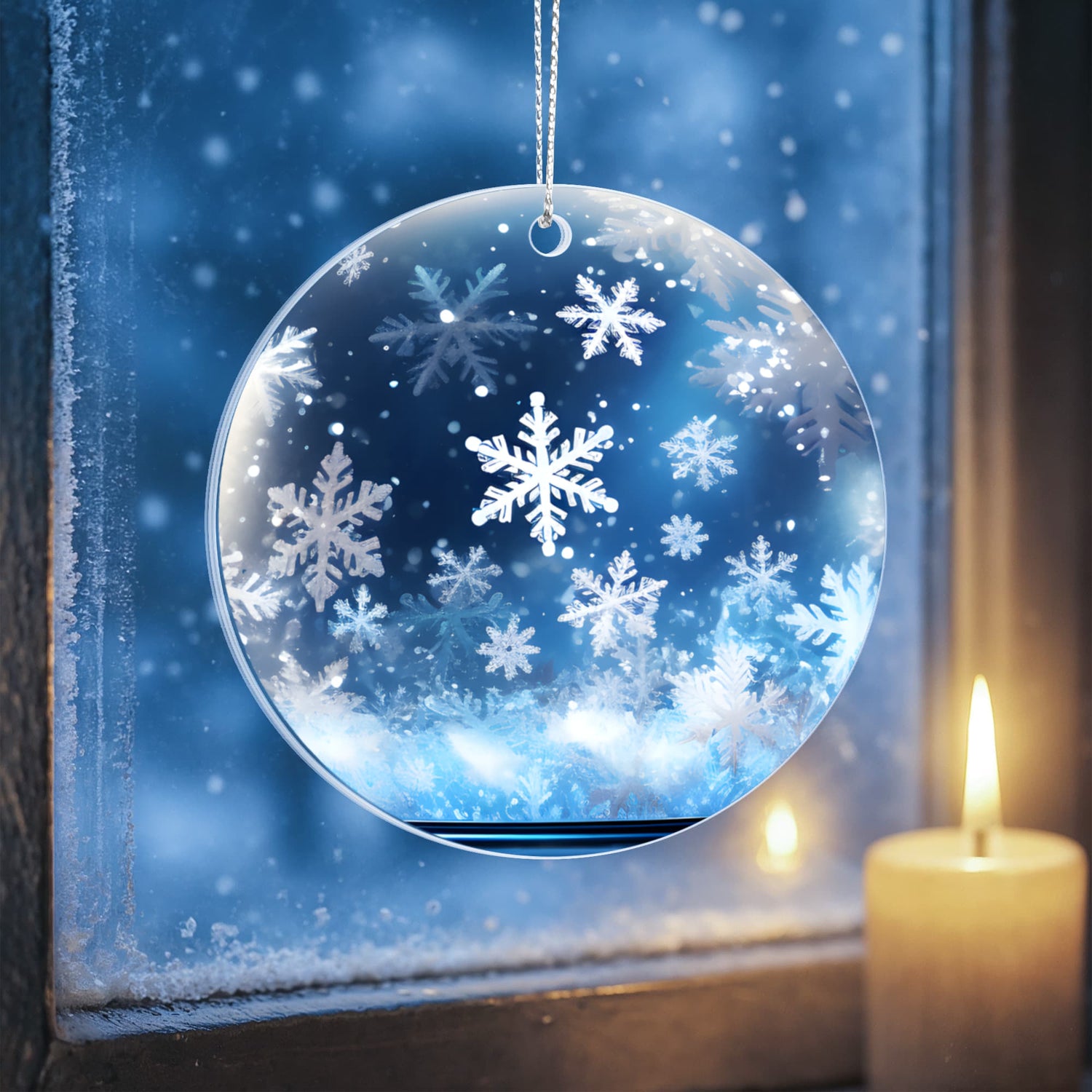 Snowflake Acrylic Ornament – 3" Round Winter Blue Holiday Decoration with Silver Cord &amp; One-Sided UV Printing