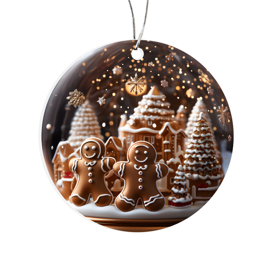 Gingerbread Couple Christmas Ornament – 3" Acrylic Holiday Snow Globe Decoration with Silver Cord &amp; UV Printing