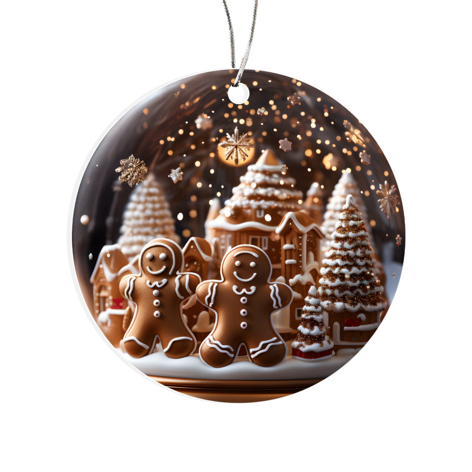 Gingerbread Couple Christmas Ornament – 3" Acrylic Holiday Snow Globe Decoration with Silver Cord &amp; UV Printing