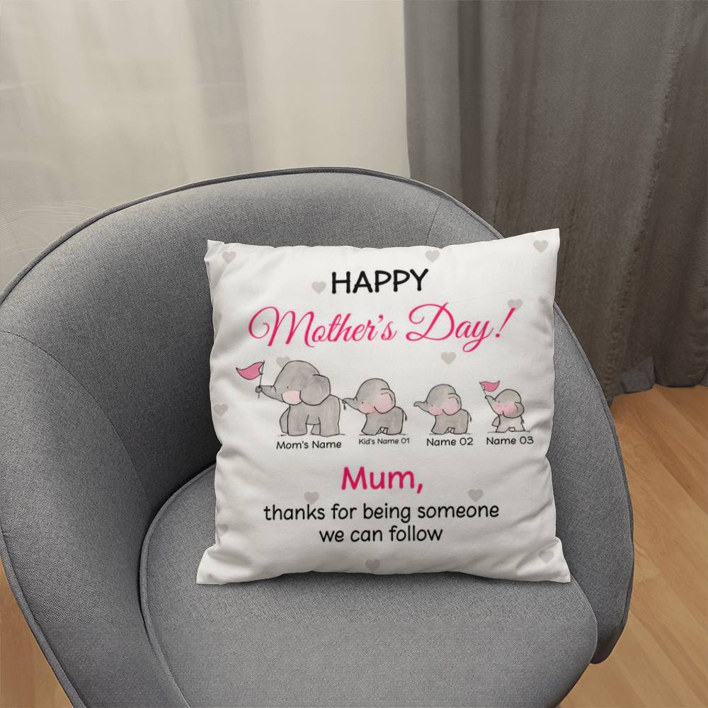 Personalized Mother’s Day Elephant Pillow – Custom Mom and Kids Name Pillow, Happy Mother’s Day Gift for Mom, Cute Mom Throw Pillow