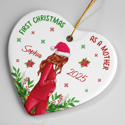 First Christmas as a Mother Heart Ornament – Personalized Ceramic Christmas Ornament for New Mom, Custom Name &amp; Year Holiday Keepsake