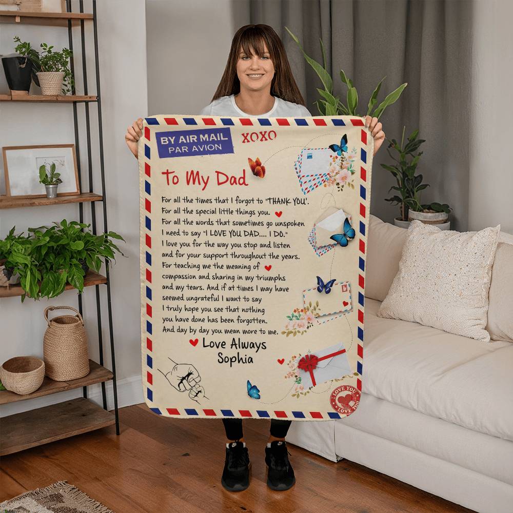 To My Dad Airmail Personalized Fleece Blanket – Heartfelt Letter from Daughter Gift