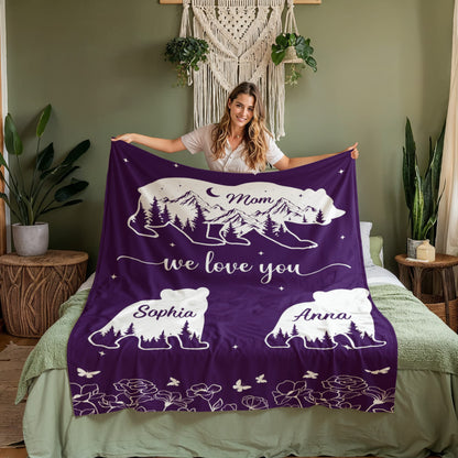 Mom We Love You Personalized Bear Blanket – Custom Mom Blanket with Kids Names, Mother’s Day Gift for Mom, Family Bear Throw Blanket