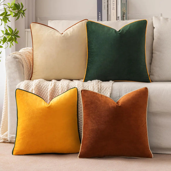 Luxury Velvet Throw Pillow Covers - Contrast Piped Square Cushion Covers - set of 4