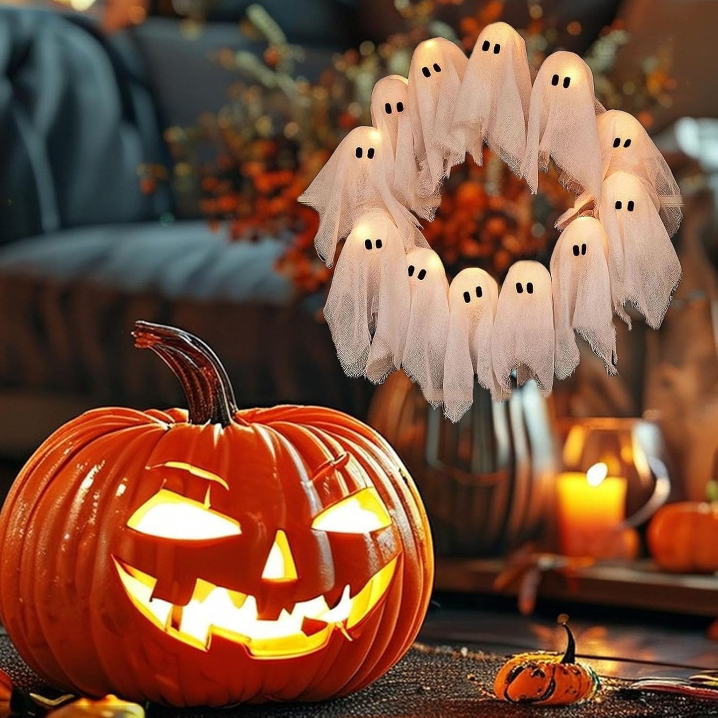 Glowing Ghost Door Wreath