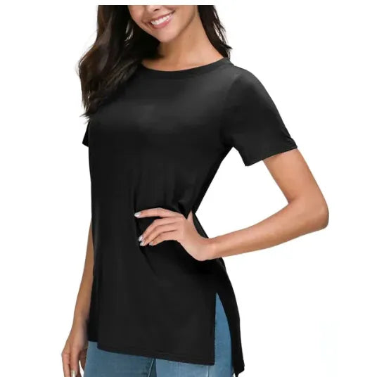 Solid Color Long T-shirt with Side Slits for Women